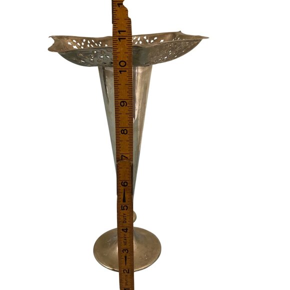 Large Ruffled Pierced Rim Tapered Silverplate Flower Vase - Picture 8 of 9